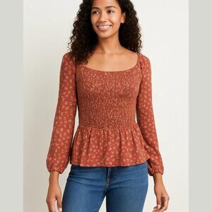 Kaileigh Stitch Fix Womens Orange Floral Smocked Knit Top